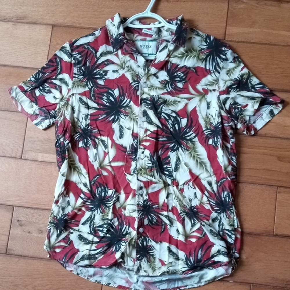 Guess Red and Cream Tropical Men's Shirt